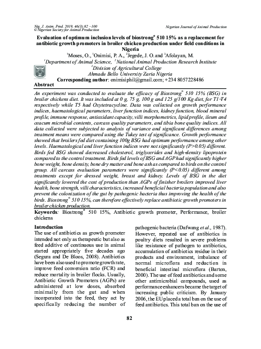 (PDF) Evaluation of optimum inclusion levels of biostrong® 510 15% as a ...