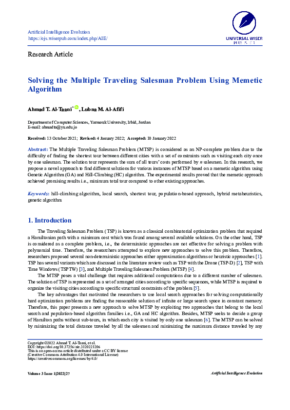 (PDF) Solving the Multiple Traveling Salesman Problem Using Memetic ...