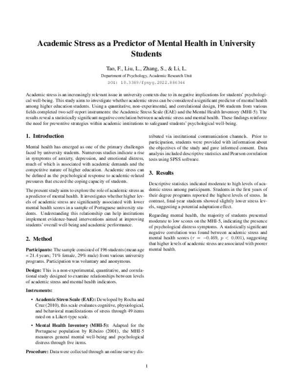 (PDF) Academic Stress as a Predictor of Mental Health in University ...