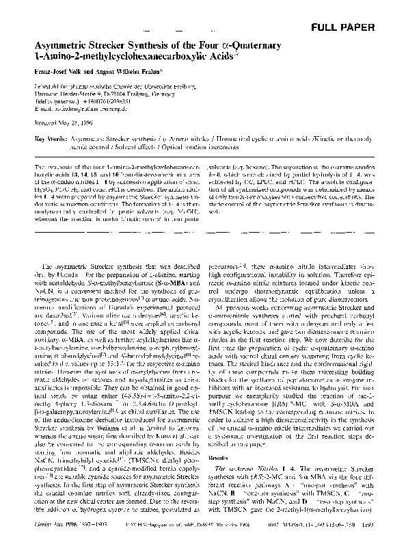 (PDF) Asymmetric Strecker Synthesis of the Four α‐Quaternary 1‐Amino‐2 ...