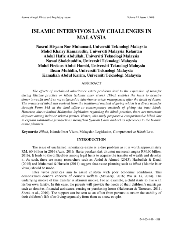 (PDF) Islamic Intervivos Law Challenges in Malaysia