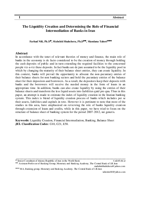 (PDF) The Liquidity Creation and Determining the Role of Financial ...
