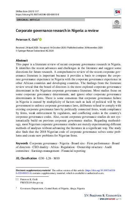 (PDF) Corporate governance research in Nigeria: a review