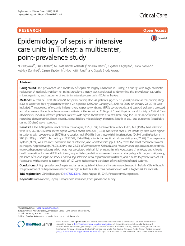 (PDF) Epidemiology of sepsis in intensive care units in Turkey: a ...