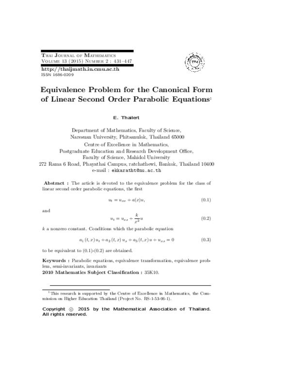 (PDF) Equivalence Problem for The Canonical Form of Linear Second Order ...