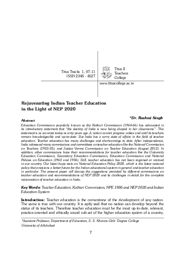 (PDF) Rejuvenating Indian Teacher Education in the Light of NEP 2020