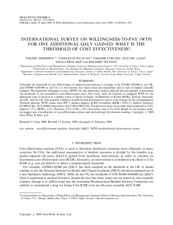 (PDF) International survey on willingness‐to‐pay (WTP) for one ...