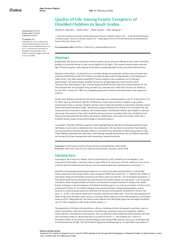 (PDF) Quality of Life Among Family Caregivers of Disabled Children in ...