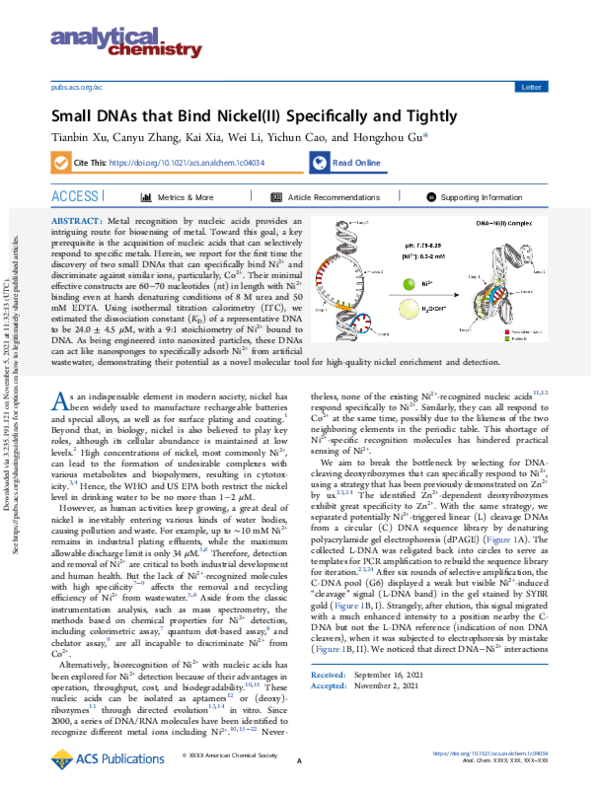 (PDF) Small DNAs that Bind Nickel(II) Specifically and Tightly