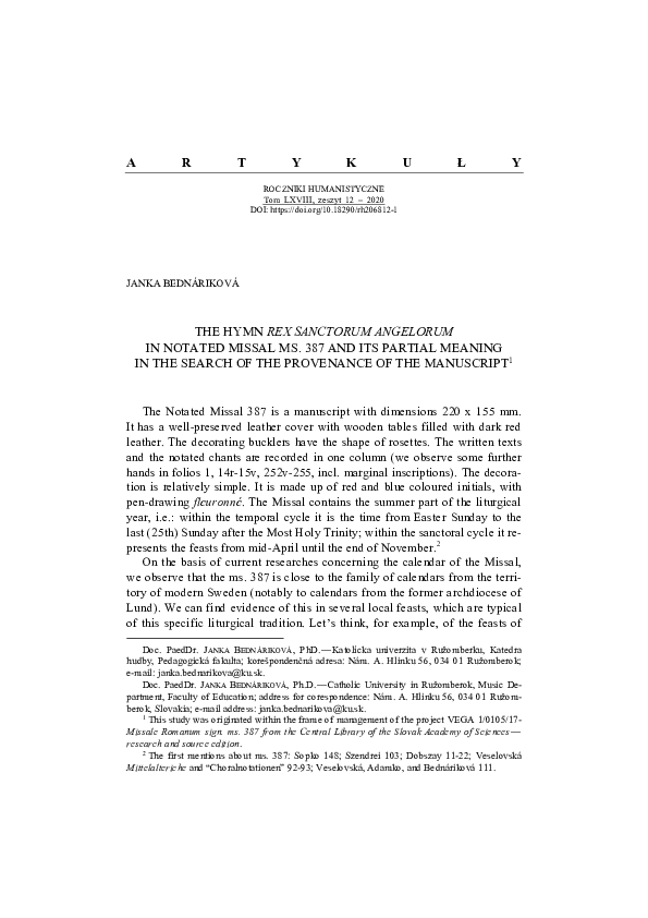 (PDF) The Hymn Rex sanctorum angelorum in Notated Missal ms. 387 and ...