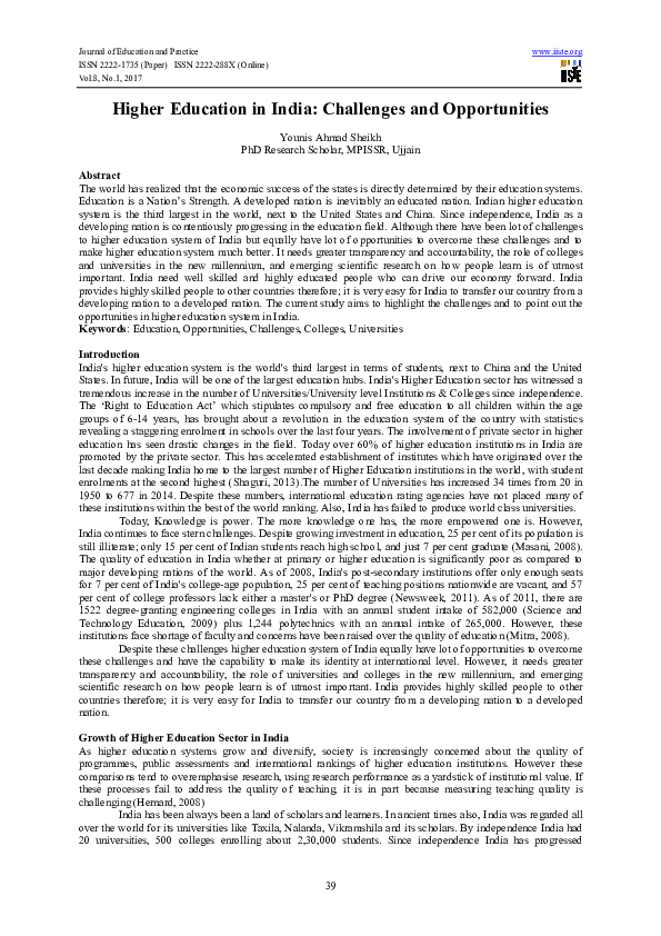 (PDF) Higher Education in India: Challenges and Opportunities