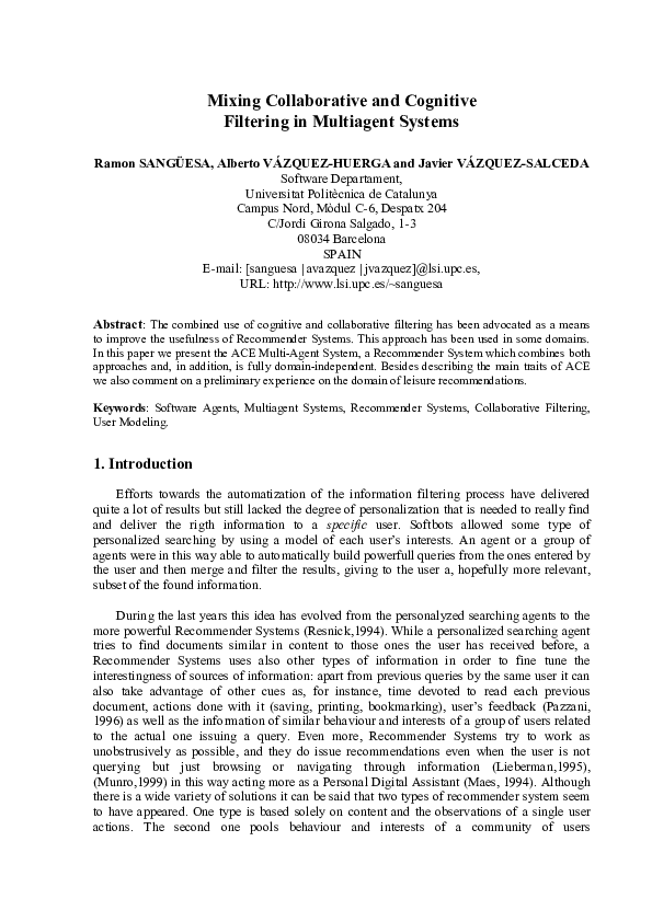 (PDF) Mixing Collaborative and Cognitive Filtering in Multiagent Systems