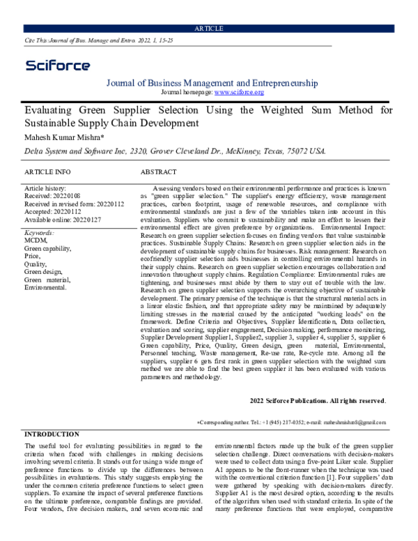 (PDF) Evaluating Green Supplier Selection Using the Weighted Sum Method ...