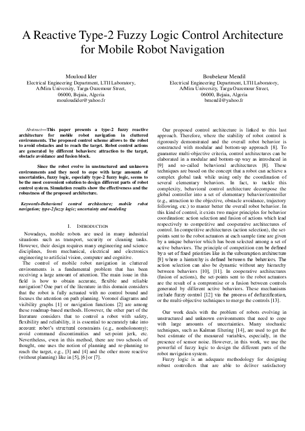 (PDF) A Reactive Type-2 Fuzzy Logic Control Architecture for Mobile ...