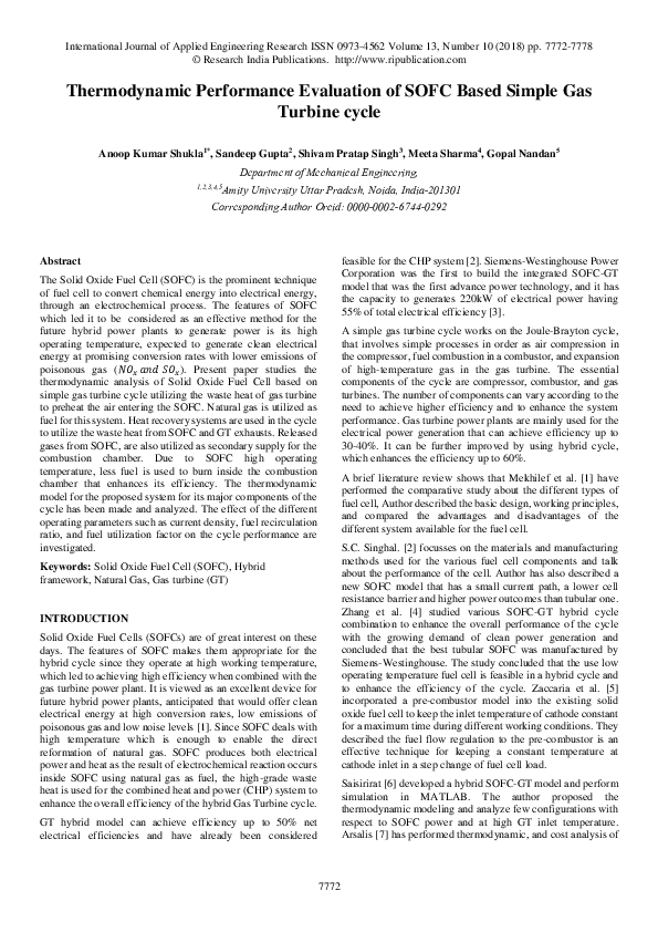 (PDF) Thermodynamic Performance Evaluation of SOFC Based Simple Gas ...
