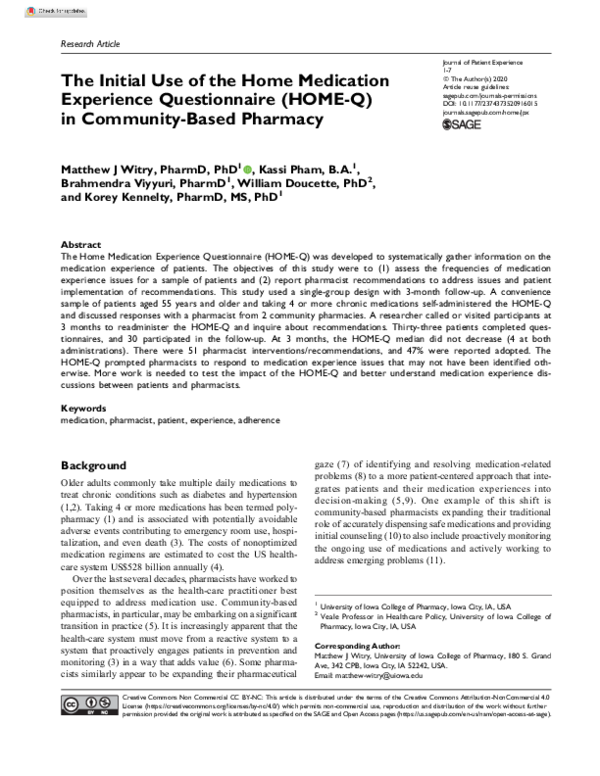 (PDF) The Initial Use of the Home Medication Experience Questionnaire ...