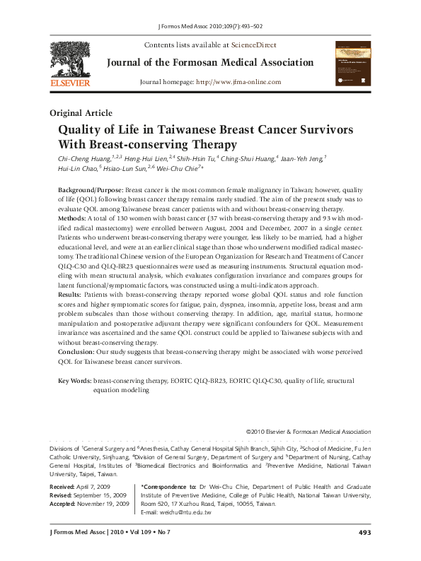 (PDF) Quality of Life in Taiwanese Breast Cancer Survivors With Breast ...