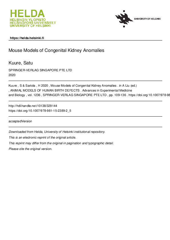 (PDF) Mouse Models of Congenital Kidney Anomalies