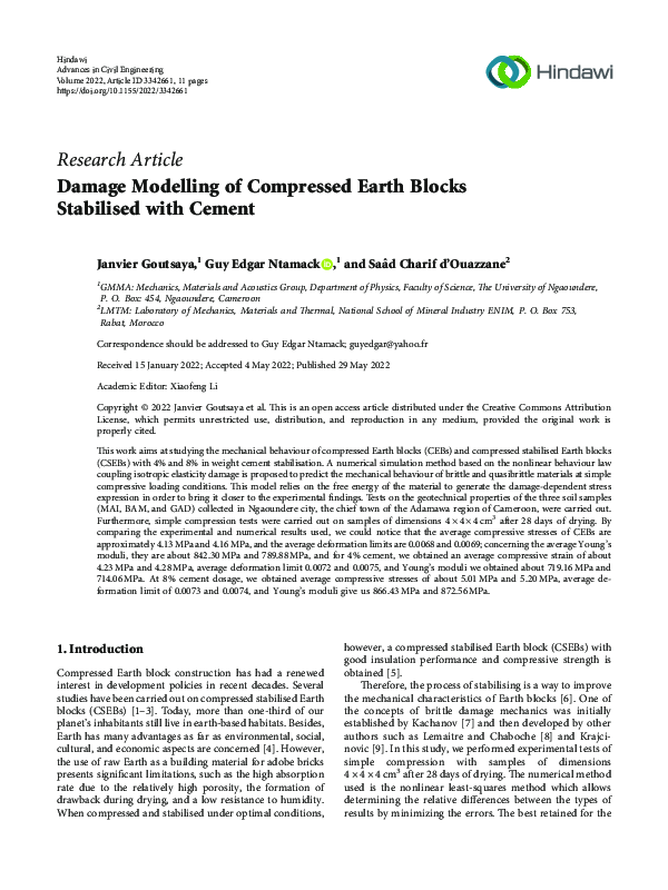 (PDF) Damage Modelling of Compressed Earth Blocks Stabilised with Cement
