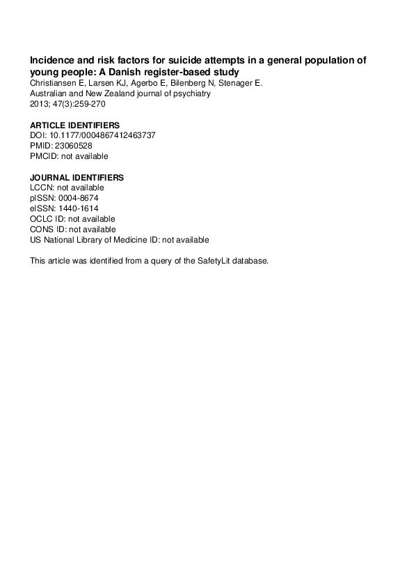 (PDF) Incidence and risk factors for suicide attempts in a general ...