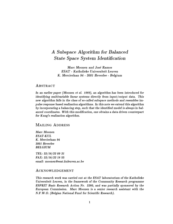 (PDF) A subspace algorithm for balanced state space system identification