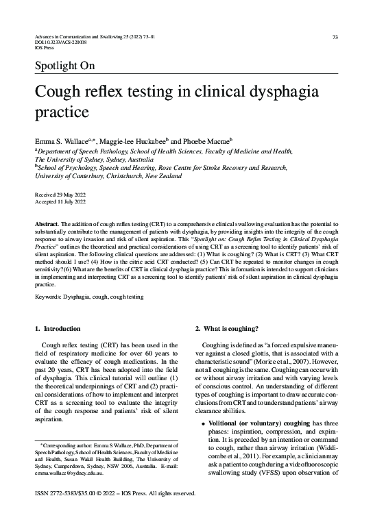 (PDF) Cough reflex testing in clinical dysphagia practice
