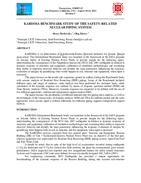 (PDF) KARISMA Benchmark Study of the safety-related nuclear piping system