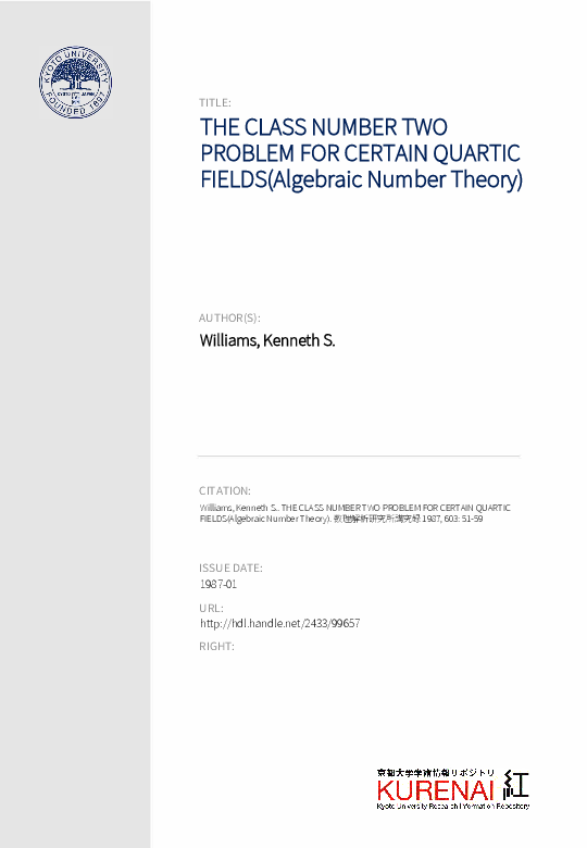 (PDF) THE CLASS NUMBER TWO PROBLEM FOR CERTAIN QUARTIC FIELDS(Algebraic ...