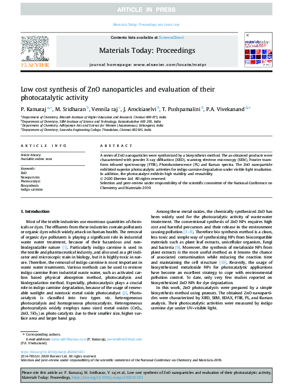 (PDF) Low cost synthesis of ZnO nanoparticles and evaluation of their ...