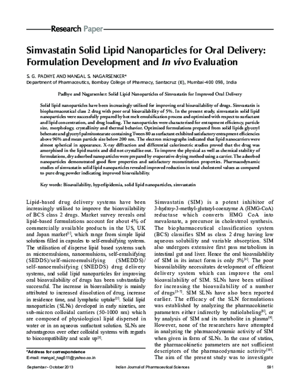 (PDF) Simvastatin Solid Lipid Nanoparticles for Oral Delivery ...