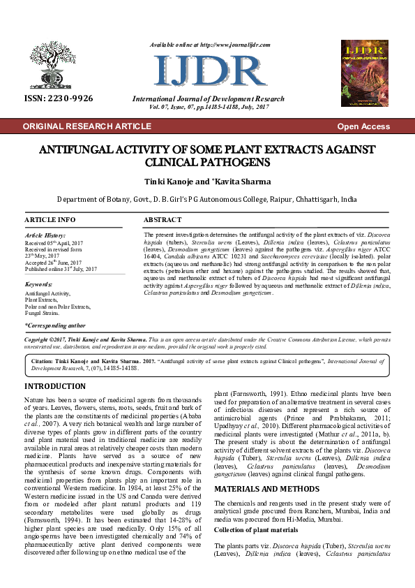 (PDF) ANTIFUNGAL ACTIVITY OF SOME PLANT EXTRACTS AGAINST CLINICAL PATHOGENS