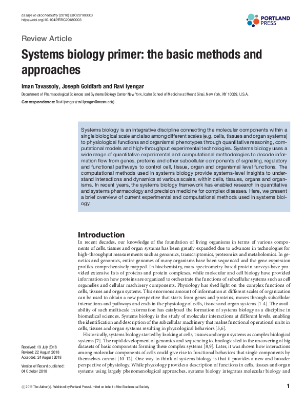 (PDF) Systems biology primer: the basic methods and approaches