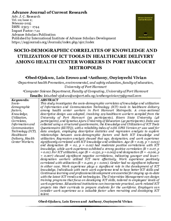 (PDF) SOCIO-DEMOGRAPHIC CORRELATES OF KNOWLEDGE AND UTILIZATION OF ICT ...