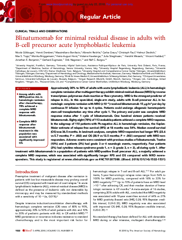 (PDF) Blinatumomab for minimal residual disease in adults with B ...