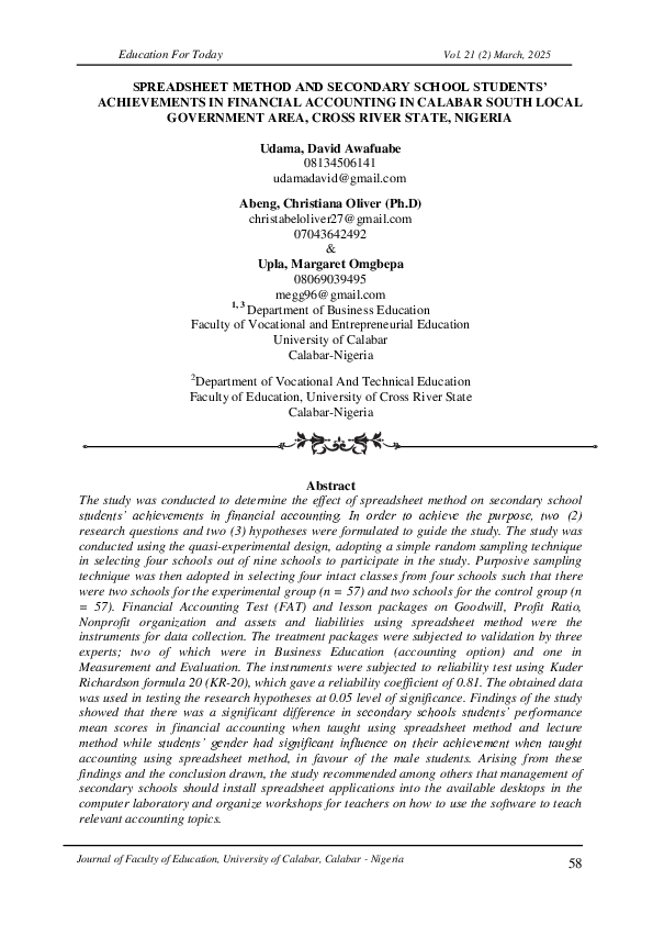 PDF) SPREADSHEET METHOD AND SECONDARY SCHOOL STUDENTS ACHIEVEMENTS