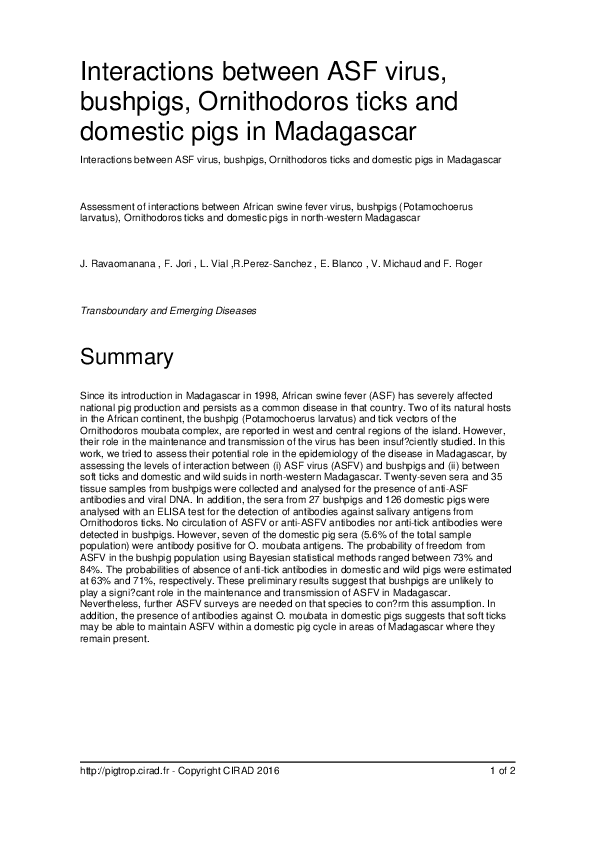 (PDF) Interactions between ASF virus, bushpigs, Ornithodoros ticks and ...