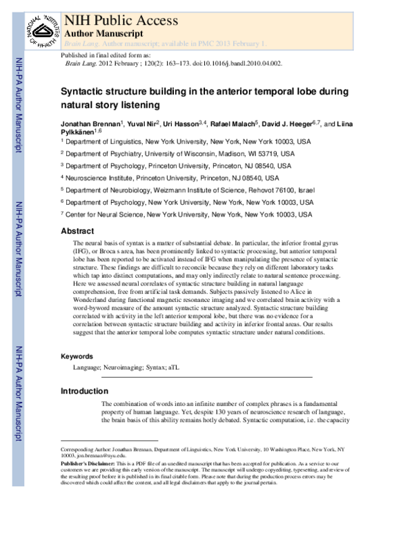 (PDF) Syntactic structure building in the anterior temporal lobe during ...