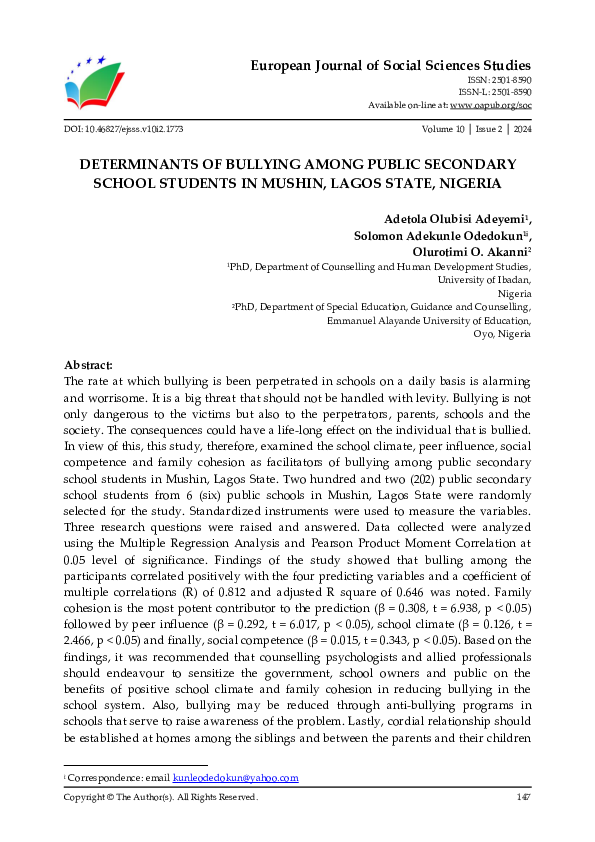 (PDF) DETERMINANTS OF BULLYING AMONG PUBLIC SECONDARY SCHOOL STUDENTS ...