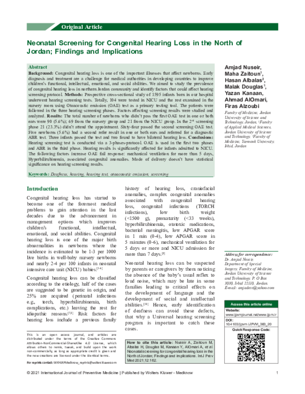 (PDF) Neonatal Screening for Congenital Hearing Loss in the North of ...