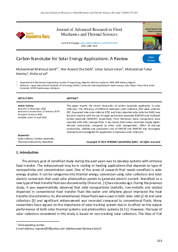 (PDF) Carbon Nanotube for Solar Energy Applications : A Review