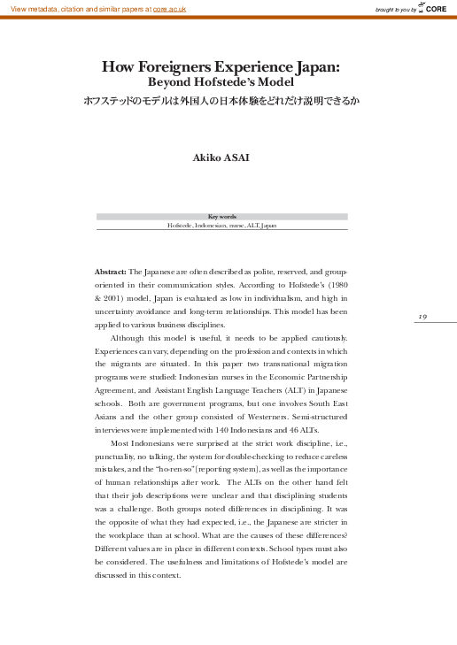 (PDF) How Foreigners Experience Japan : Beyond Hofstede's Model