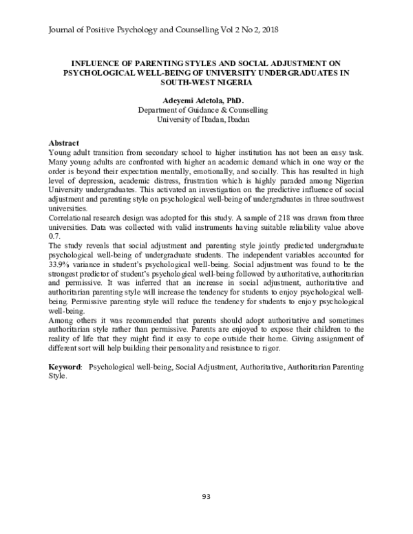 (PDF) INFLUENCE OF PARENTING STYLES AND SOCIAL ADJUSTMENT ON ...