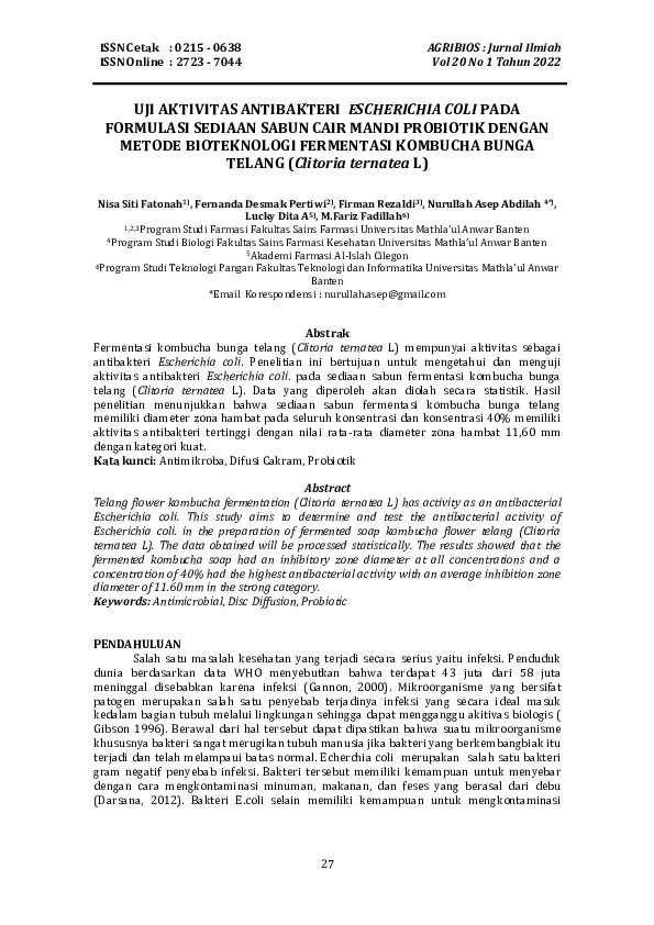 (PDF) UJI AKTIVITAS ANTIBAKTERI ESCHERICHIA COLI PADA FORMULASI SEDIAAN ...
