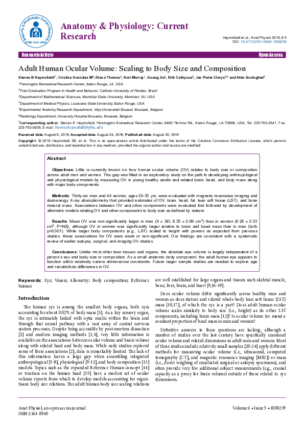 (PDF) Adult Human Ocular Volume: Scaling to Body Size and Composition