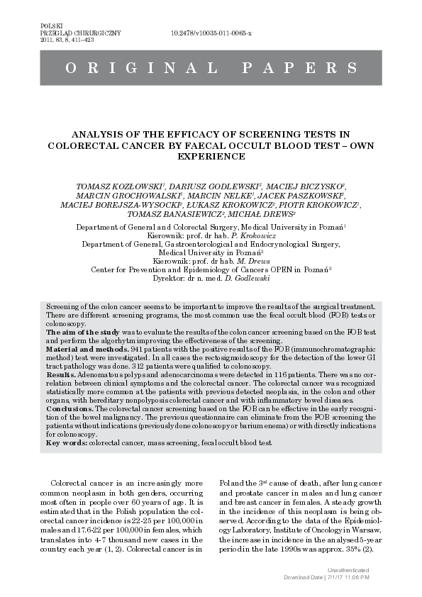 (PDF) Analysis of the Efficacy of Screening Tests in Colorectal Cancer ...