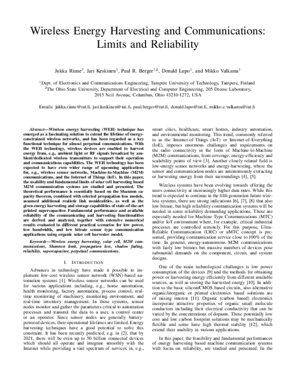 (PDF) Wireless Energy Harvesting and Communications: Limits and Reliability
