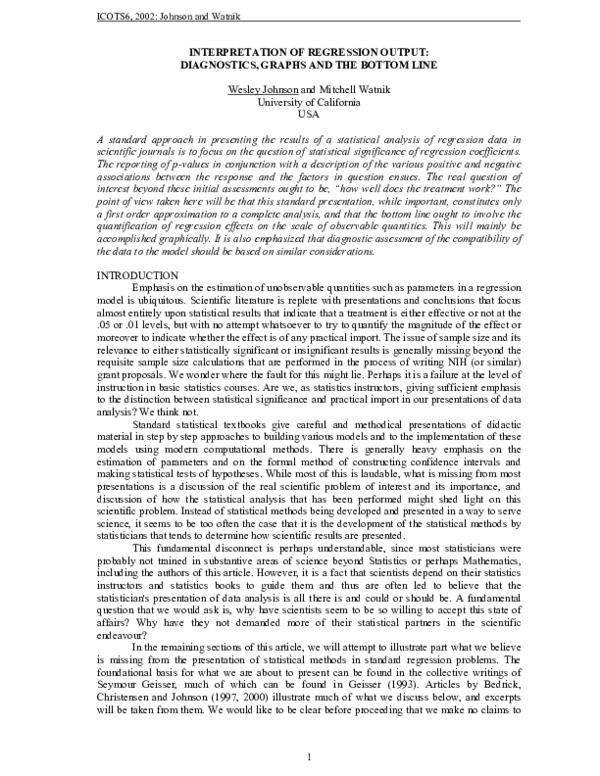 (PDF) Interpretation of Regression Output: Diagnostics, Graphs and the ...