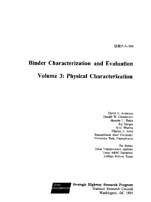 PDF) Binder Characterization and Evaluation. Volume 3: Physical
