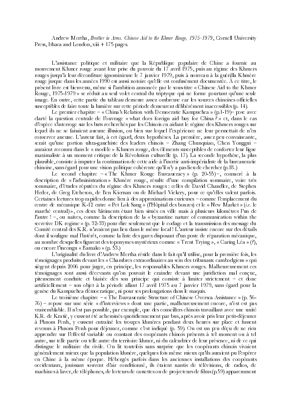 (PDF) Andrew Mertha. Brothers in Arms: Chinese Aid to the Khmer Rouge ...