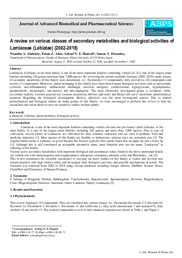 (PDF) A review on various classes of secondary metabolites and ...